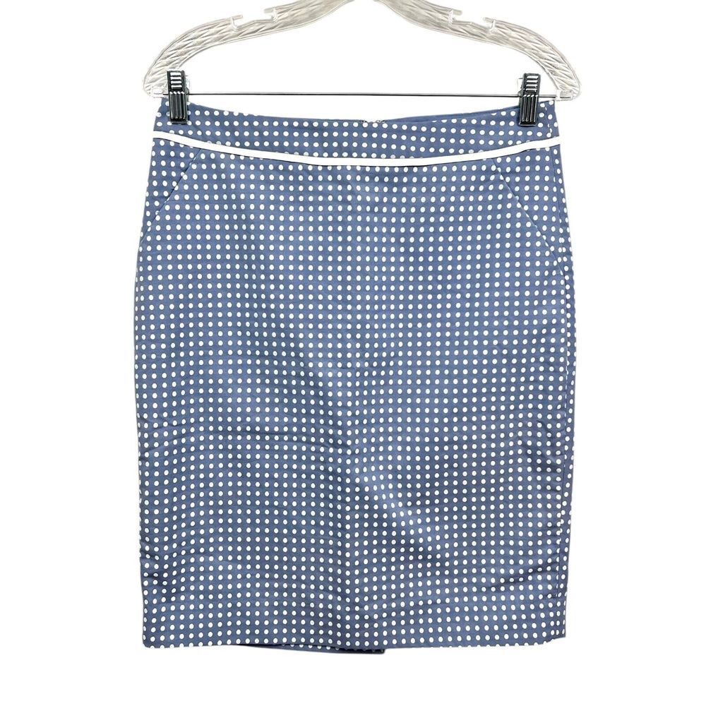 Limited Womens Pencil Skirt Polka Dot Vented Lined Slit Pockets Blue White Sz 4*
